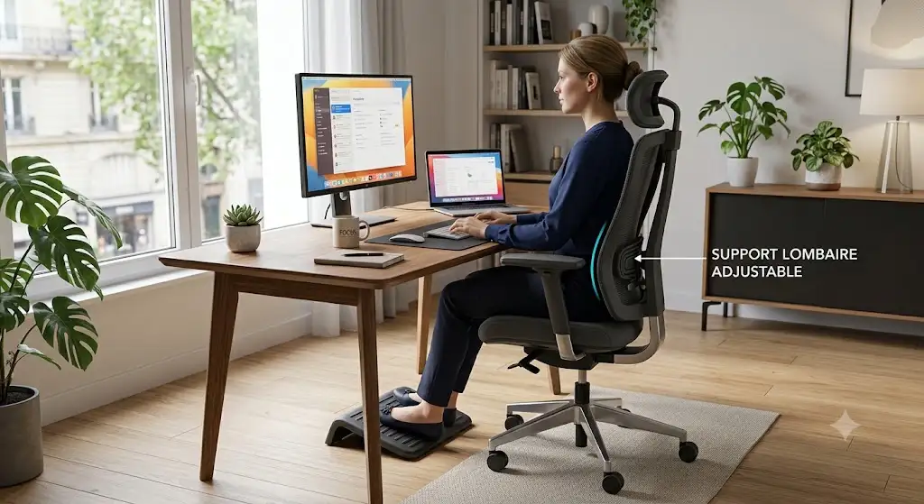 chaise ergonomique sciatique lombalgie utilisée par une personne en bonne posture au bureau.