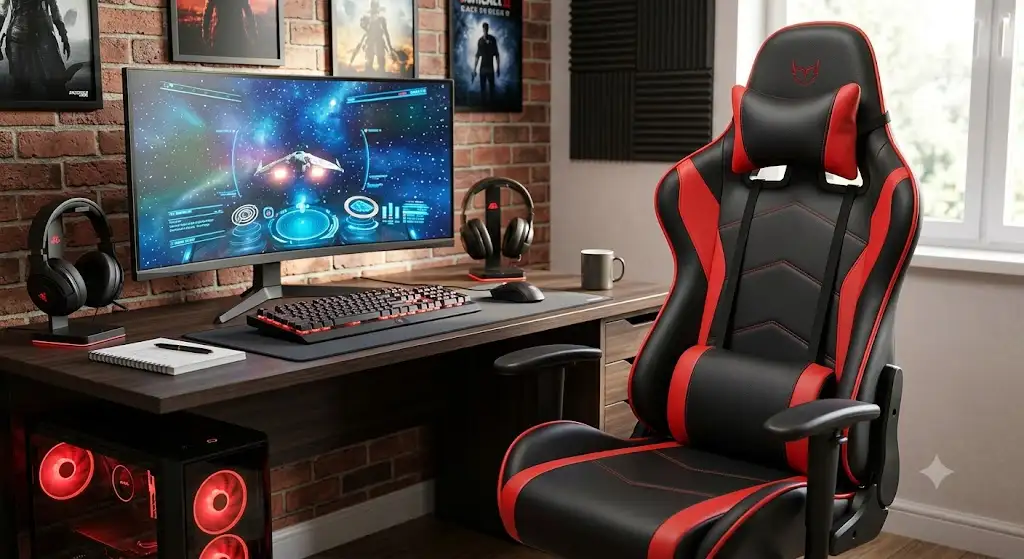 chaise gaming style racing avis noire et rouge installée devant un bureau de jeu avec écran.