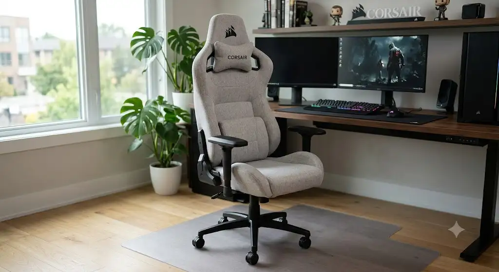 Vue d'ensemble de la chaise gaming ergonomique corsair tc200 avis en tissu gris dans un bureau.