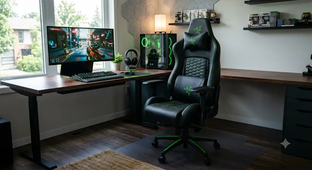 razer iskur avis: vue d'ensemble du fauteuil gaming ergonomique en simili cuir noir et vert.