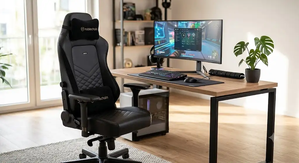 Avis sur la chaise gaming noblechairs avis Hero installée devant un bureau ergonomique moderne