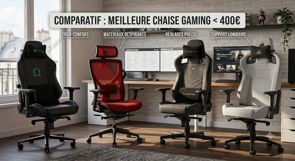 Comparatif visuel des meilleure chaise gaming moins de 400 euros pour le jeu et le télétravail.