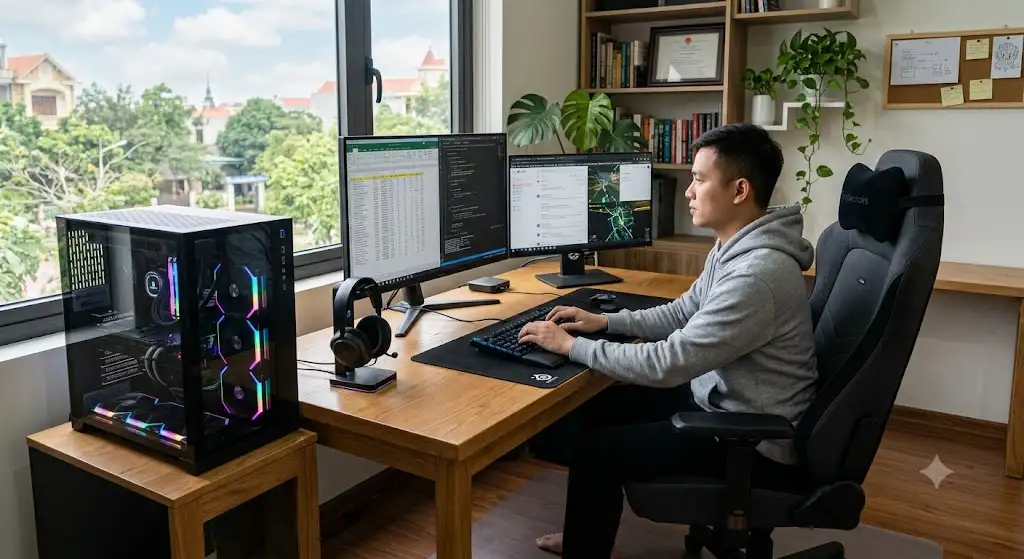 Chaise gaming ergonomique intégrée dans un setup hybride travail et jeu à domicile. chaise gaming setup hybride travail