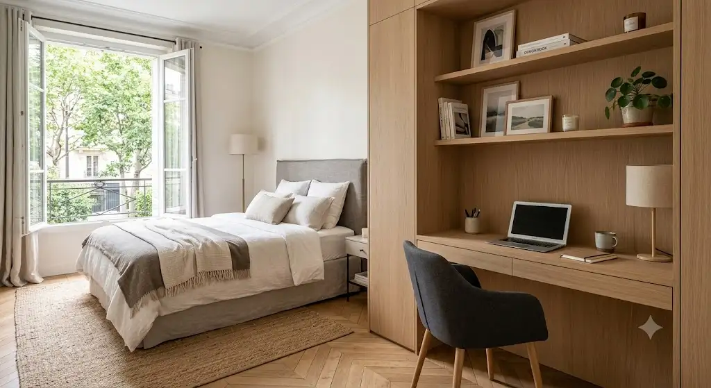 Aménagement d'un coin bureau discret en bois clair dans une chambre d'adulte moderne (bureau dans une chambre aménagement)