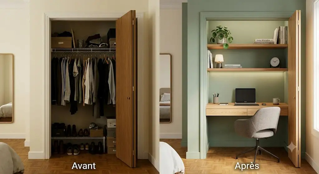 Transformation avant après d'un placard de chambre réaménagé en bureau cloffice moderne et fonctionnel. transformer placard en bureau cloffice