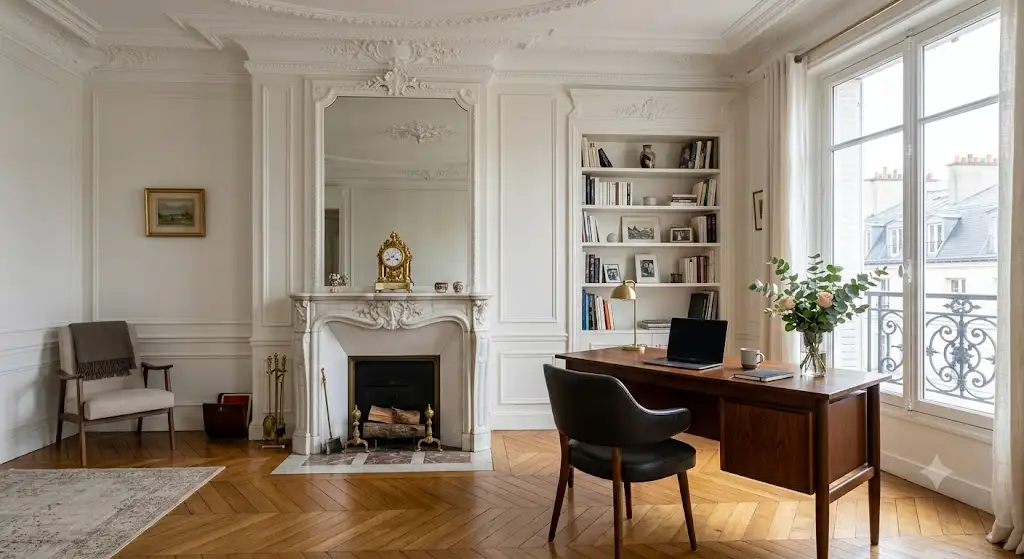 Aménagement d'un bureau dans un appartement haussmannien avec parquet en point de Hongrie, moulures et cheminée en marbre. bureau appartement haussmannien aménagement