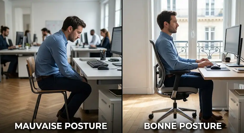 Postures assises comparées sur une chaise de bureau pour soulager le mal de dos au travail. mal de dos et choix de chaise bureau