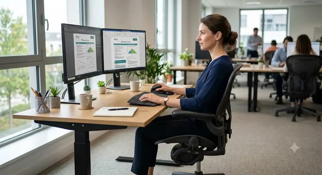 Illustration de la posture de travail assise idéale selon les recommandations de l'INRS pour le travail sur écran. recommandations INRS ergonomie bureau