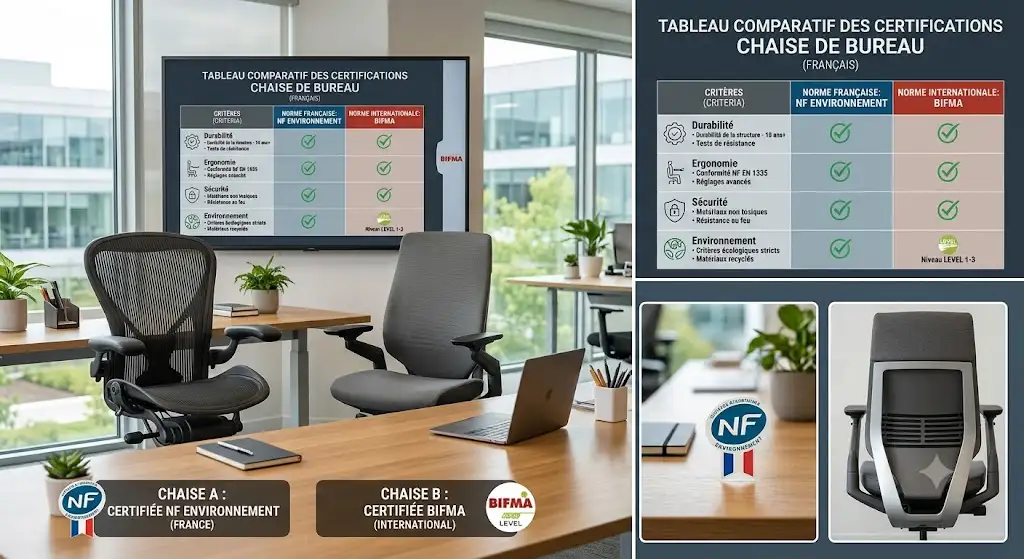 Tableau comparatif des certifications chaise de bureau NF Environnement et BIFMA pour mobilier professionnel ergonomique. (certifications chaise de bureau NF BIFMA)