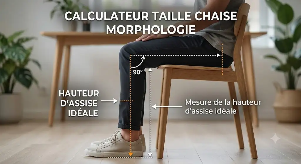 Schéma explicatif du calculateur de taille de chaise selon la morphologie montrant la mesure de la hauteur d'assise idéale. (calculateur taille chaise morphologie)