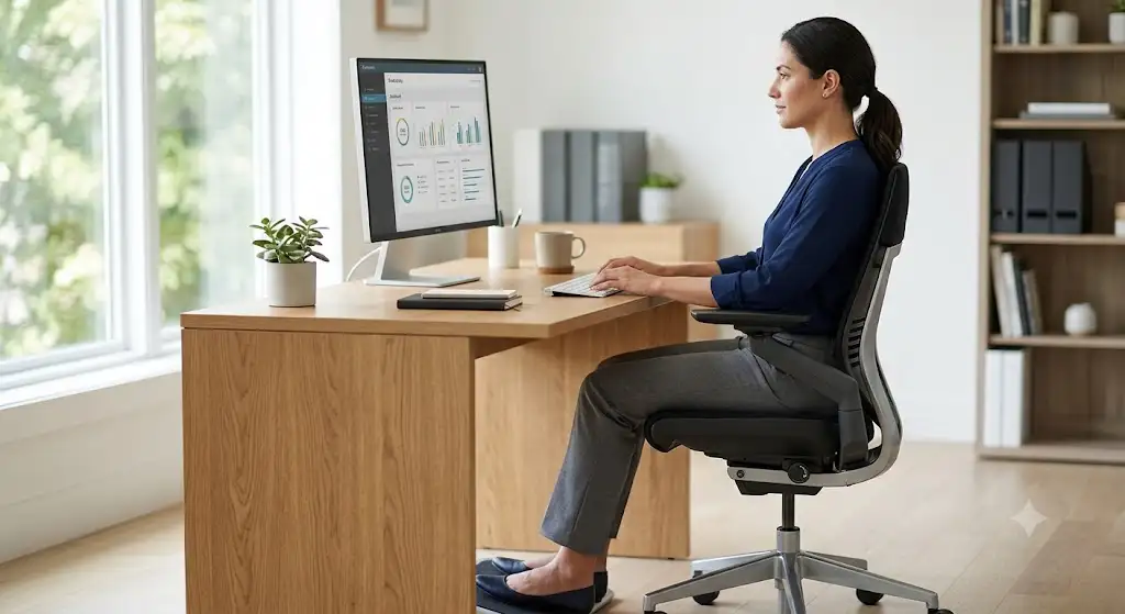 Illustration d'introduction du guide de réglage de chaise ergonomique étape par étape montrant la posture globale idéale à un bureau. (guide réglage chaise ergonomique étape par étape)