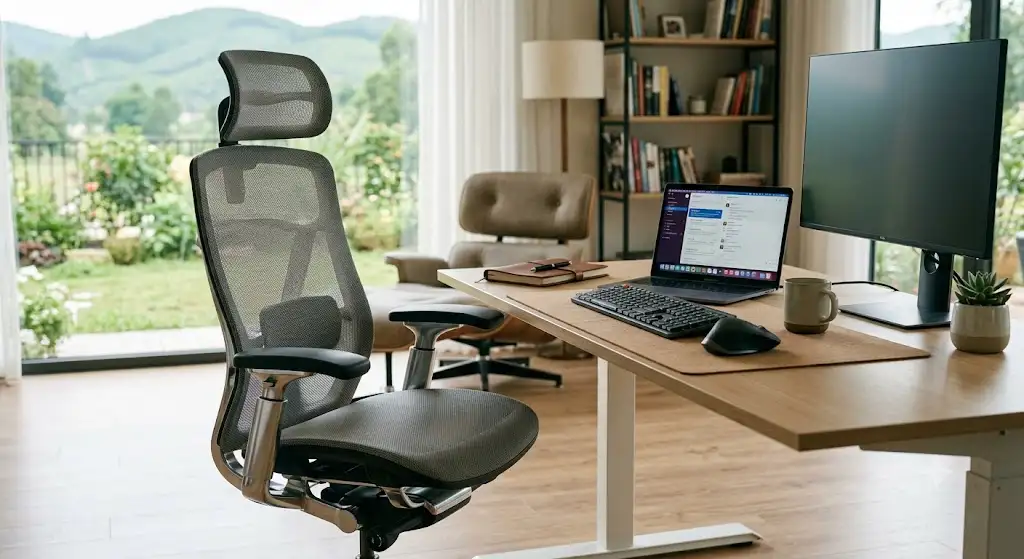 Chaise de bureau ergonomique haut de gamme à 1000 euros installée dans un espace de télétravail moderne pour évaluer son rapport qualité-prix . (chaise premium 1000 euros est-ce que ça vaut le coup)