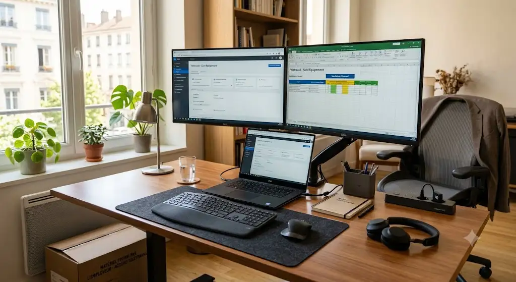 Ordinateur portable, double écran et accessoires mis à disposition du salarié par l'entreprise selon l'accord télétravail. (accord télétravail équipement employeur)