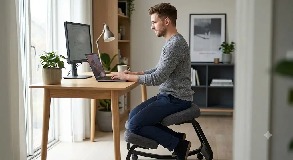 Utilisateur adoptant une posture ergonomique au bureau sur un siège assis genoux avis et démonstration d'alignement du dos.