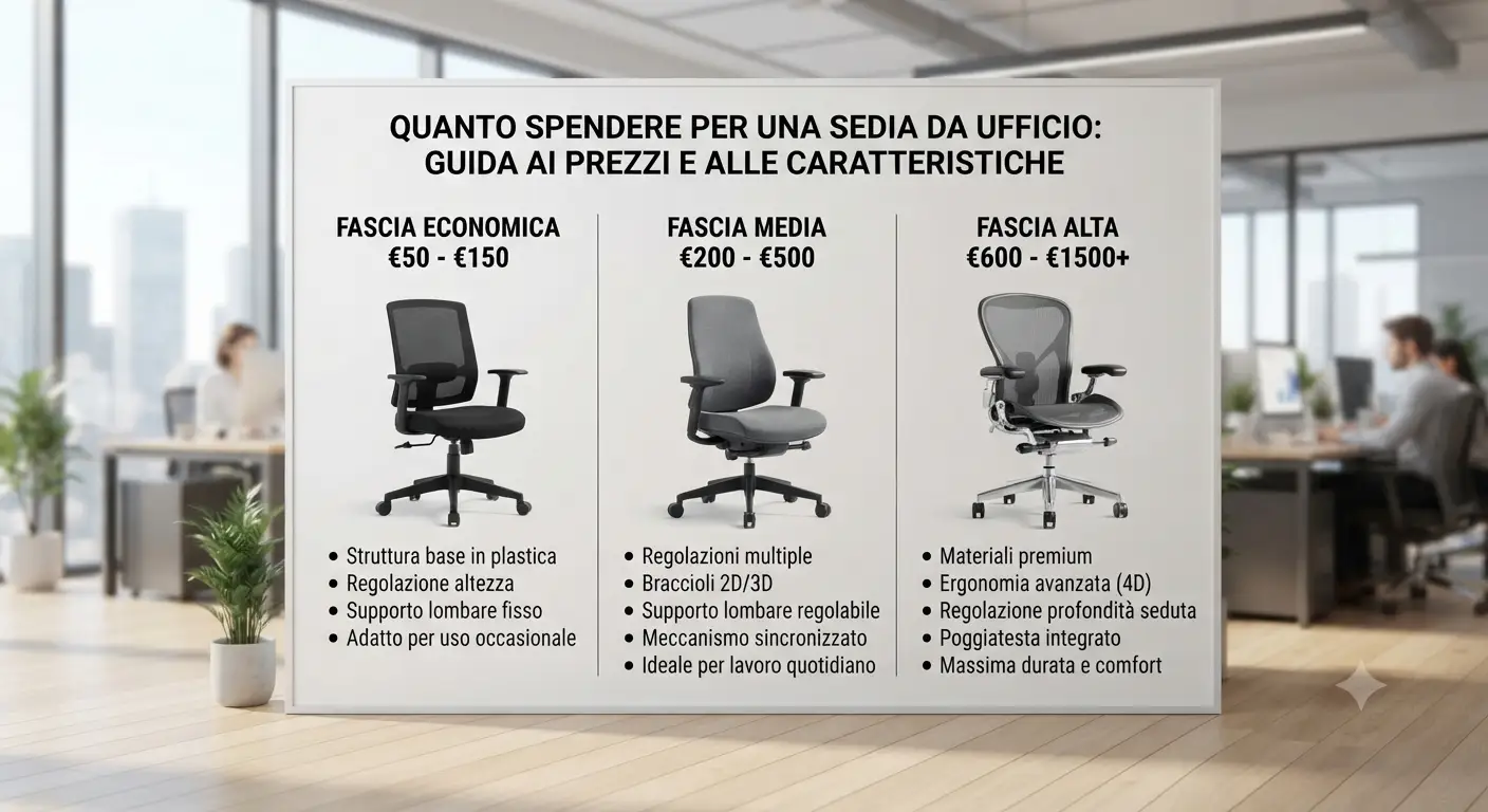Infografica con le fasce di prezzo per capire quanto spendere per una sedia da ufficio ideale.