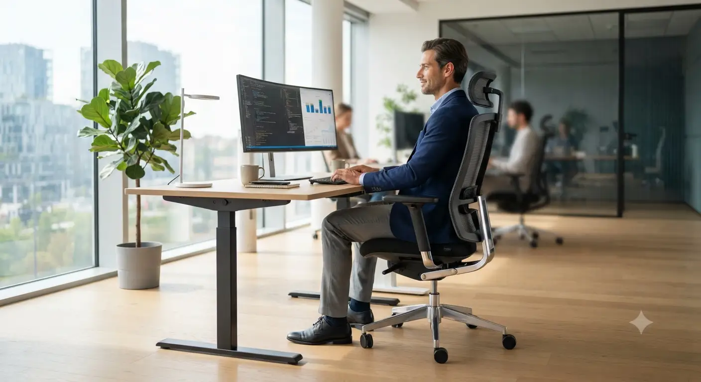 Sedia ergonomica per persone alte posizionata in un moderno ufficio luminoso