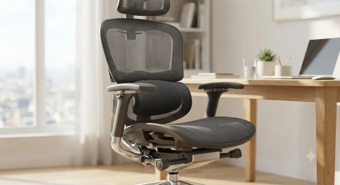 Sedia per mal di schiena ergonomica con supporto lombare regolabile in un ufficio moderno.