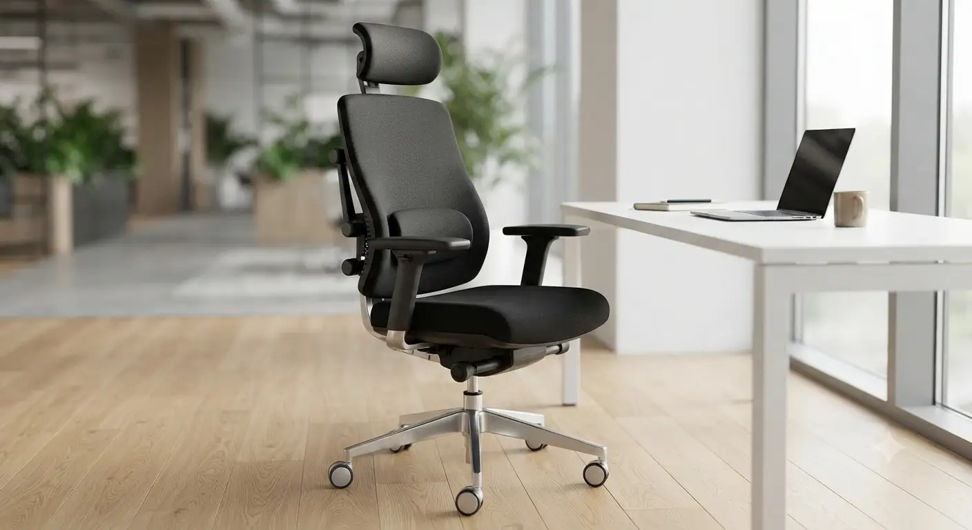 Sedia da ufficio ergonomica con poggiatesta regolabile in tessuto nero per postazione di lavoro moderna