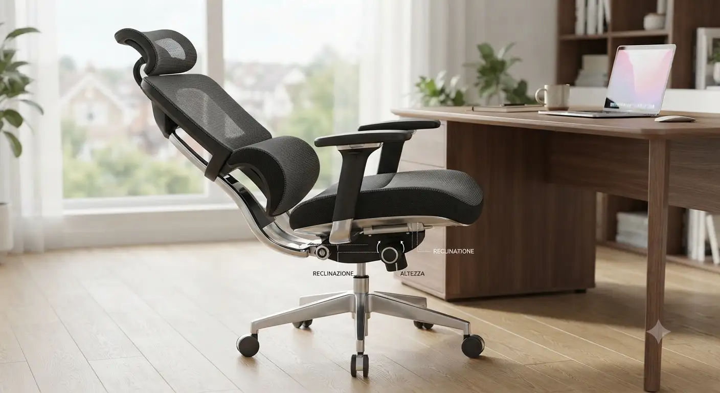 Panoramica di una sedia da ufficio con schienale reclinabile per il massimo comfort lavorativo