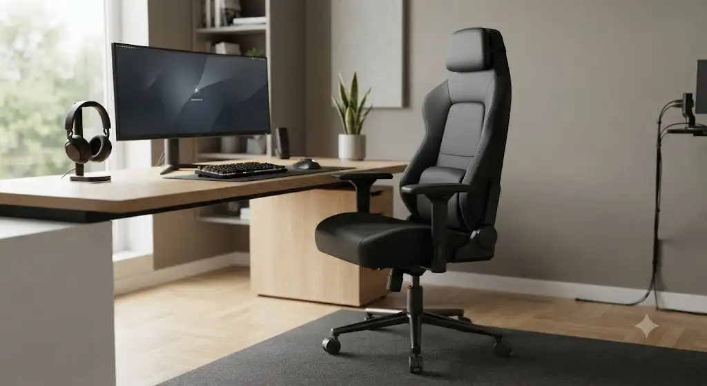 Chaise gaming design sobre bureau en finition noir mat élégante.