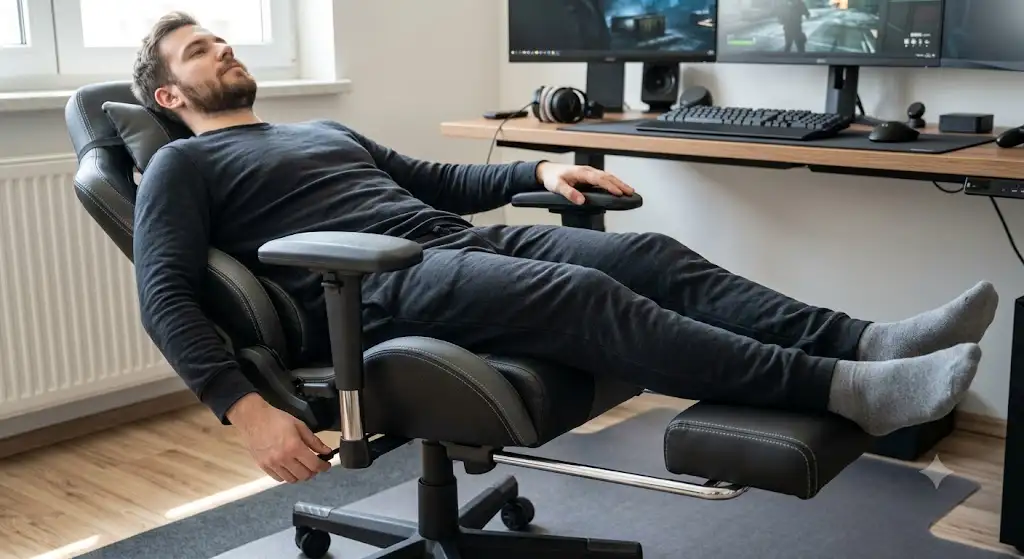 Chaise gaming avec repose-pieds déplié en test de confort pour notre avis complet. (chaise gaming avec repose pieds avis)