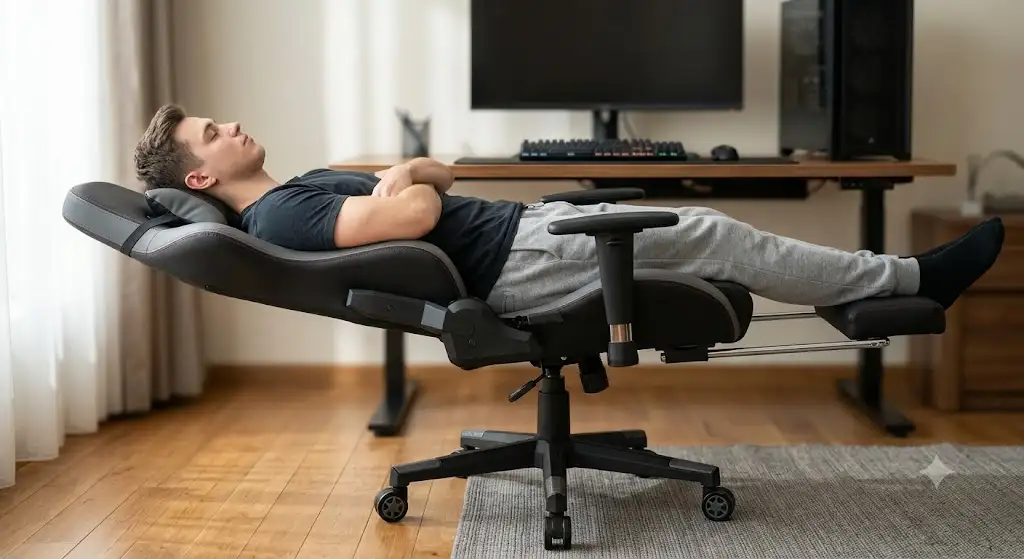 chaise gaming inclinable 180 degrés vue de profil en position complètement allongée pour la sieste.
