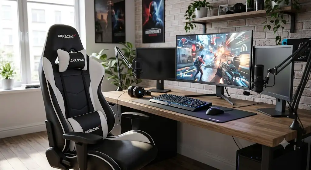 Avis sur le fauteuil gamer AKRacing avis installé devant un bureau de jeu avec écran et clavier.