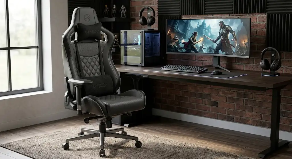 Chaise gaming premium à plus de 400 euros avec revêtement haut de gamme installée dans un setup de jeu élégant. (chaise gaming premium 400 euros et plus)
