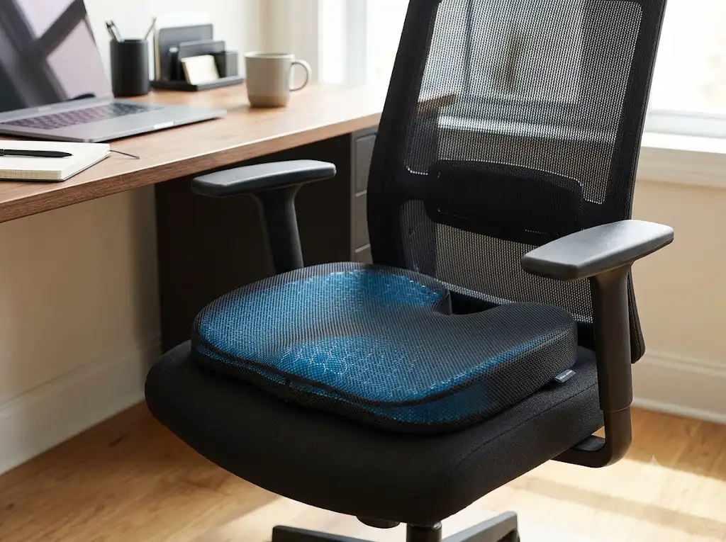 Avis et test du coussin d'assise en gel ergonomique posé sur un fauteuil de bureau pour soulager le dos. (coussin d'assise gel bureau avis)