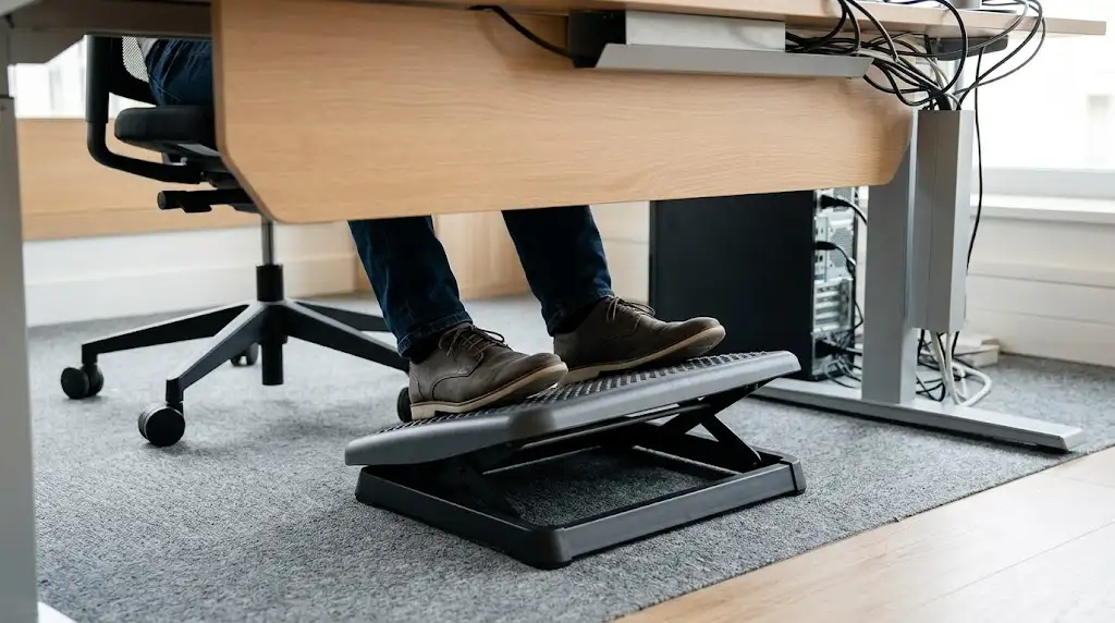 Avis et test ergonomique d'un repose-pieds basculant sous un bureau de travail en France. (repose pieds basculant bureau avis)