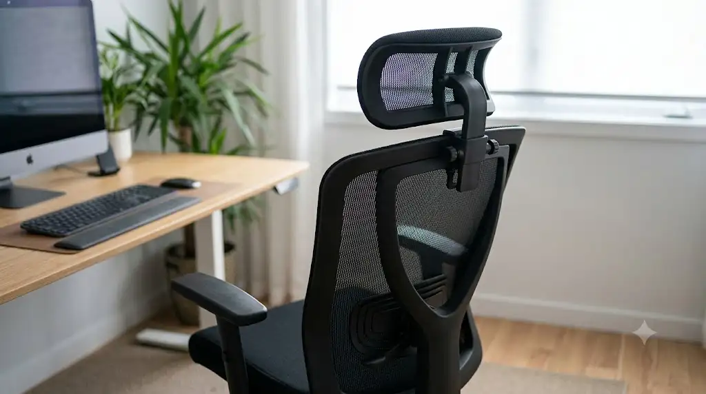 Appuie-tête amovible universel installé sur le dossier d'une chaise de bureau ergonomique . (appuie tête amovible chaise bureau)