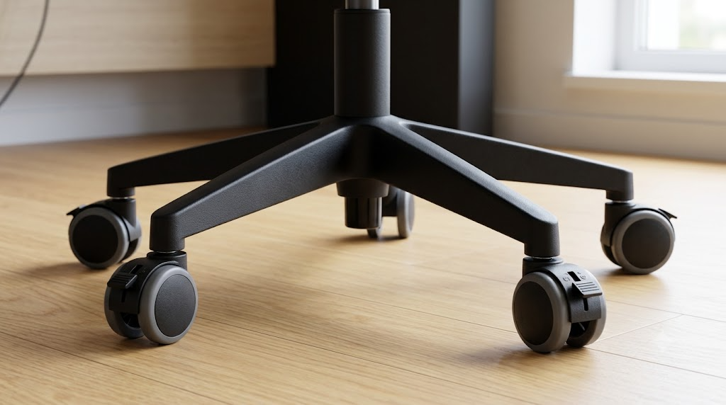 Jeu de roulettes freinées pour chaise de bureau installées sur un piètement en étoile. (roulettes freinées chaise de bureau)