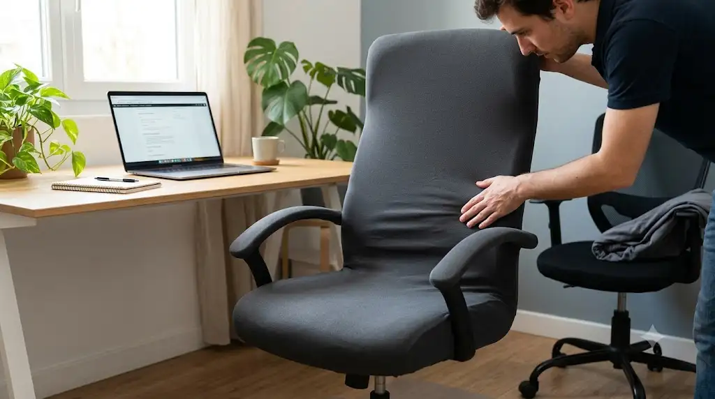 Housse de chaise de bureau extensible installée sur un fauteuil ergonomique pour notre avis et test comparatif. (housse de chaise de bureau avis)