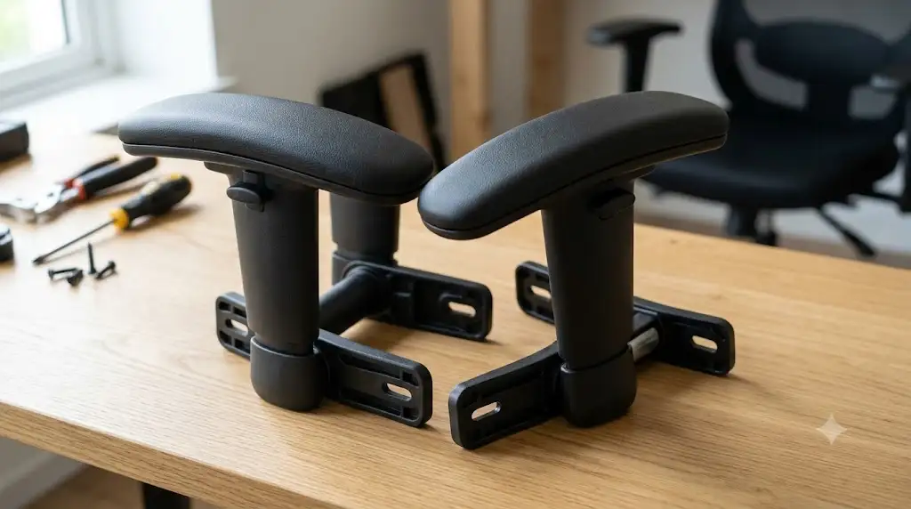 Paire d'accoudoirs de rechange universels pour chaise de bureau posés sur un plan de travail. (accoudoirs de rechange chaise bureau)