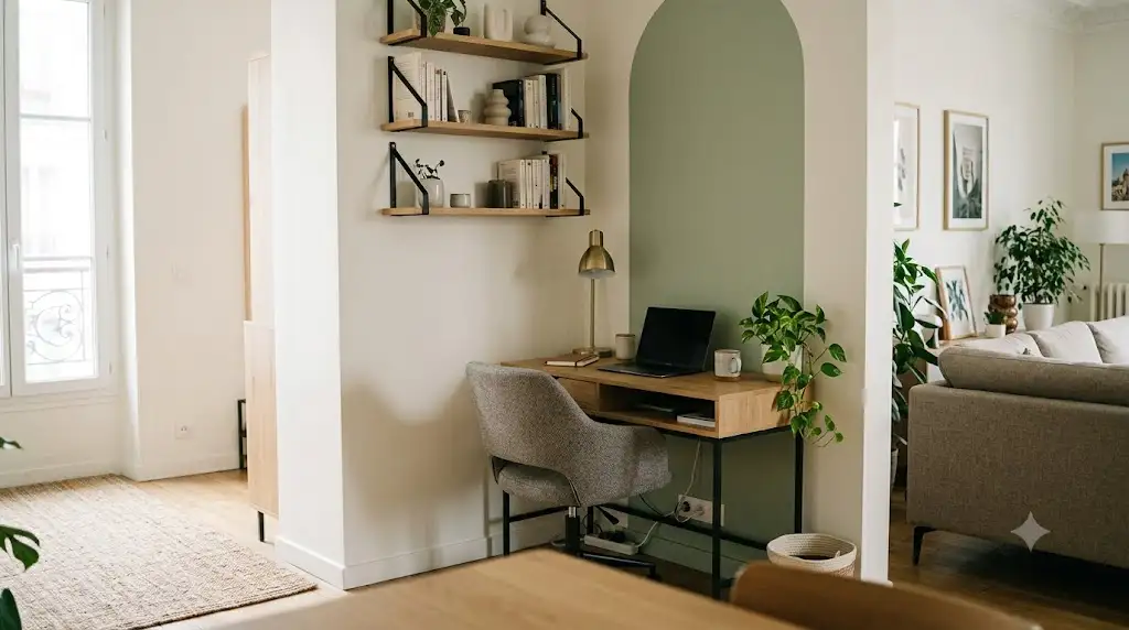 Aménagement d'un bureau dans le coin d'un salon moderne pour le télétravail. (bureau coin salon aménagement)