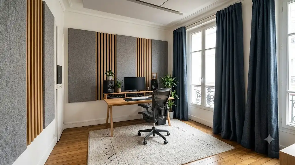 Aménagement complet pour l'insonorisation d'un bureau à domicile avec panneaux acoustiques muraux et rideaux épais phoniques. (insonorisation bureau à domicile)