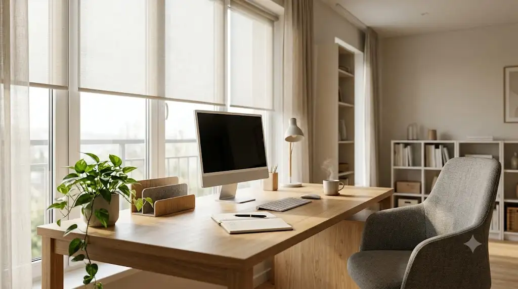 Aménagement optimal d'un éclairage de bureau à domicile face à une fenêtre avec lumière naturelle et store tamisant. (éclairage bureau à domicile)