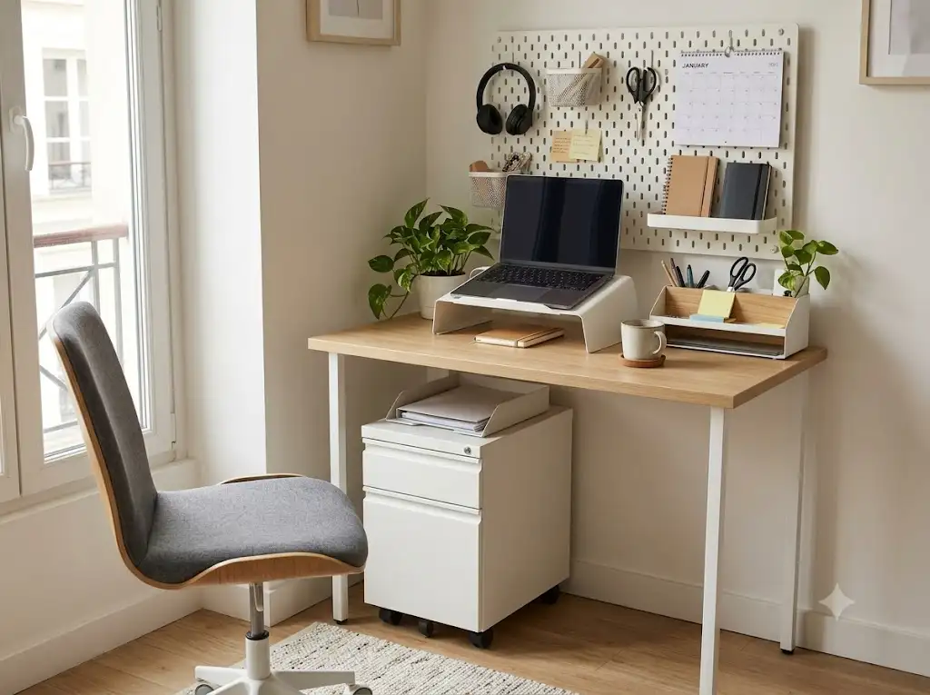 Idée de rangement de bureau compact et organisation optimale pour un petit espace de télétravail. (rangement bureau compact organisation)