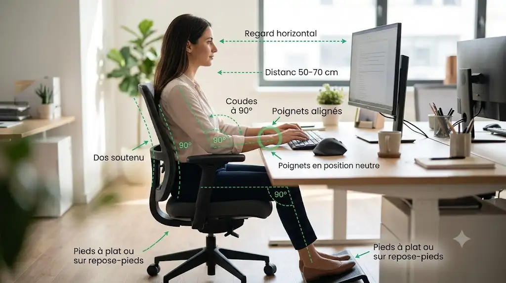 Schéma de la posture ergonomique recommandée au bureau pour prévenir le syndrome du canal carpien au poste de travail. (syndrome canal carpien poste de travail)