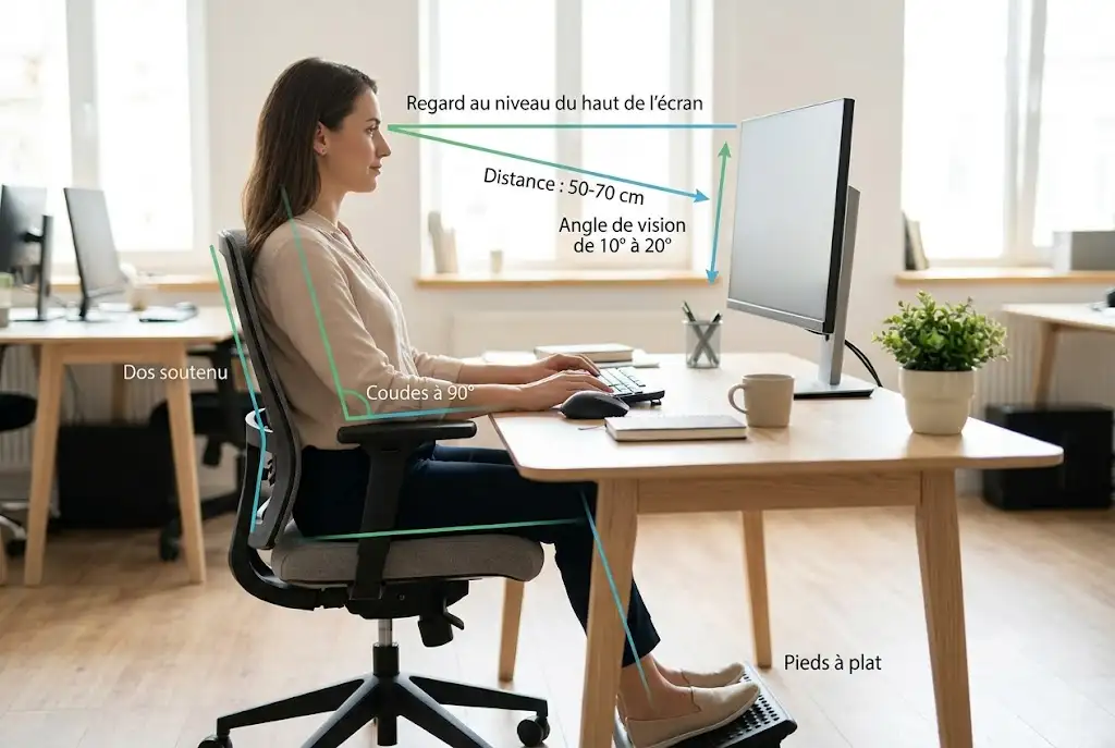 Schéma ergonomique de la position idéale de l'écran au bureau pour prévenir la fatigue visuelle au travail. (fatigue visuelle position écran bureau)