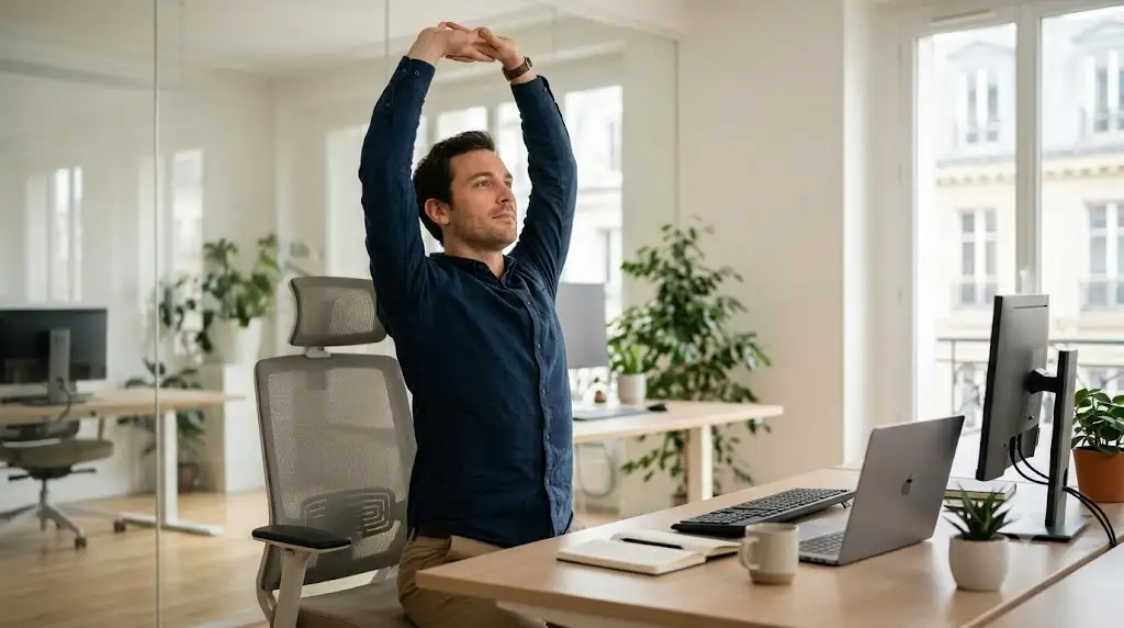Employé réalisant une pause active avec des étirements au bureau pour améliorer sa posture de travail. (pauses actives étirements bureau)