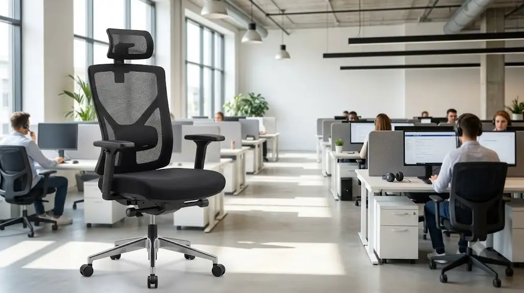 Chaise de bureau ergonomique pour centre d'appel conçue pour un usage intensif 24/7 dans un open space moderne. (chaise bureau centre d'appel usage intensif)