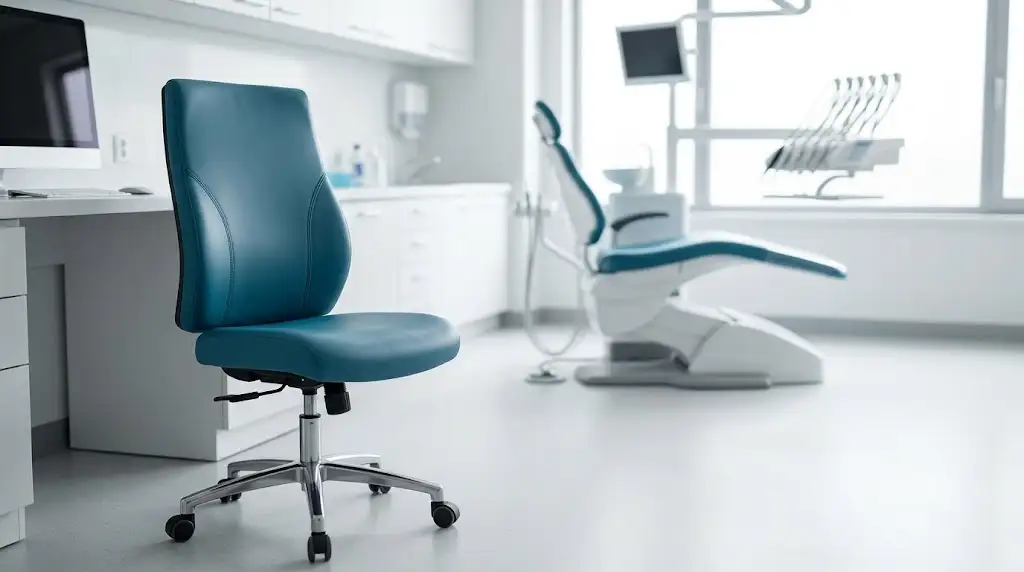 Chaise de bureau ergonomique pour profession médicale et dentaire installée dans un cabinet de soins moderne. (chaise bureau profession médicale dentaire)