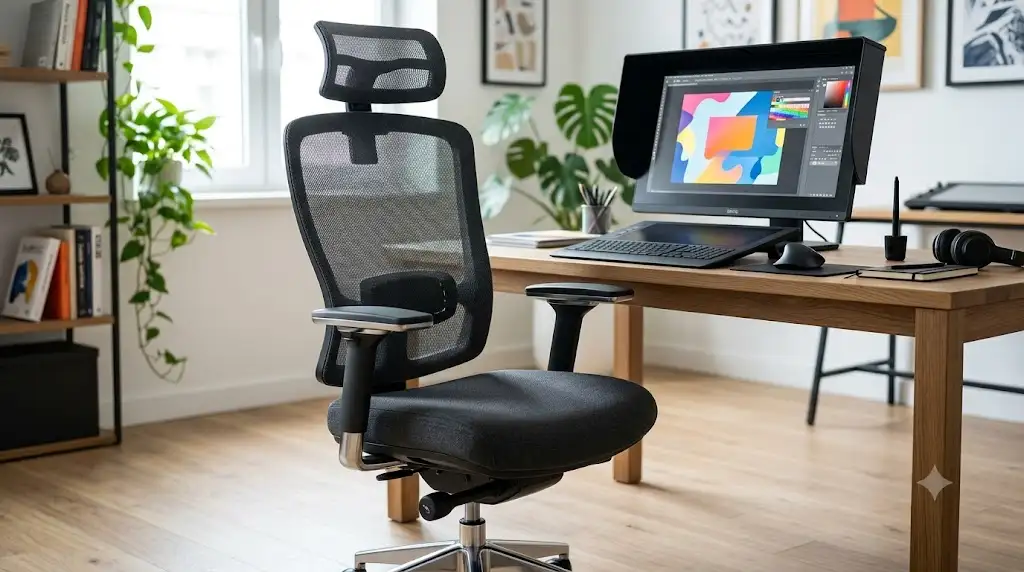 Chaise de bureau ergonomique haut de gamme pour graphiste adaptée à une assise prolongée devant un écran de retouche. (chaise bureau graphiste assise prolongée)