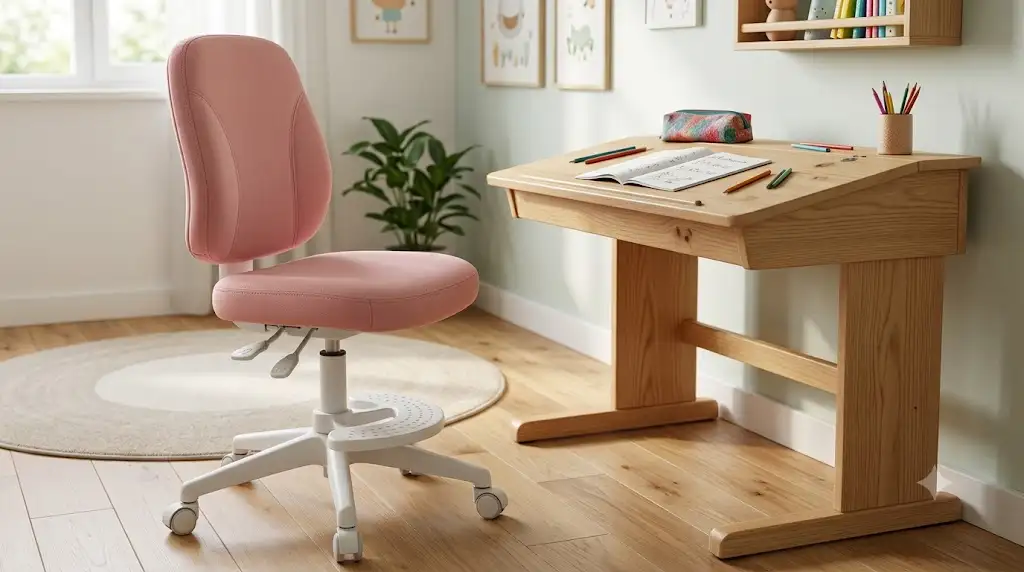Chaise de bureau enfant ergonomique et évolutive rose poudré installée devant un pupitre en bois, test et avis confort. (chaise de bureau enfant avis)