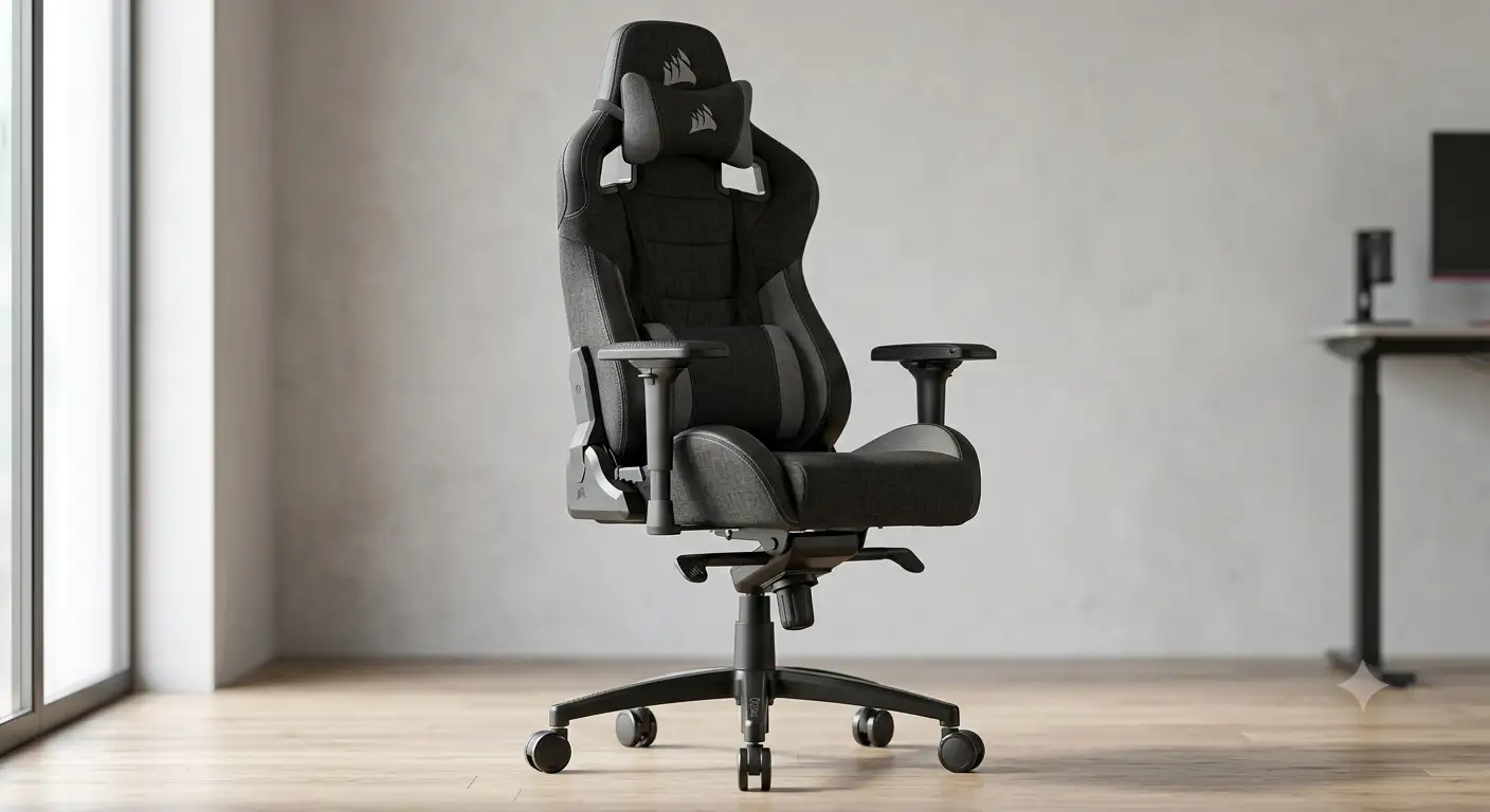Sedia Corsair TC gaming ergonomica in primo piano su sfondo neutro per postazioni da gioco.