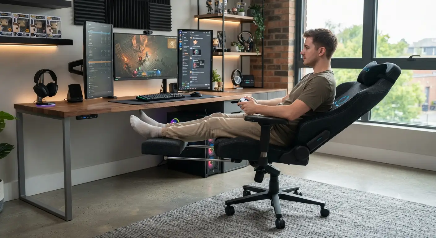Sedia gaming con poggiapiedi estraibile mostrata di lato in una postazione da gioco moderna