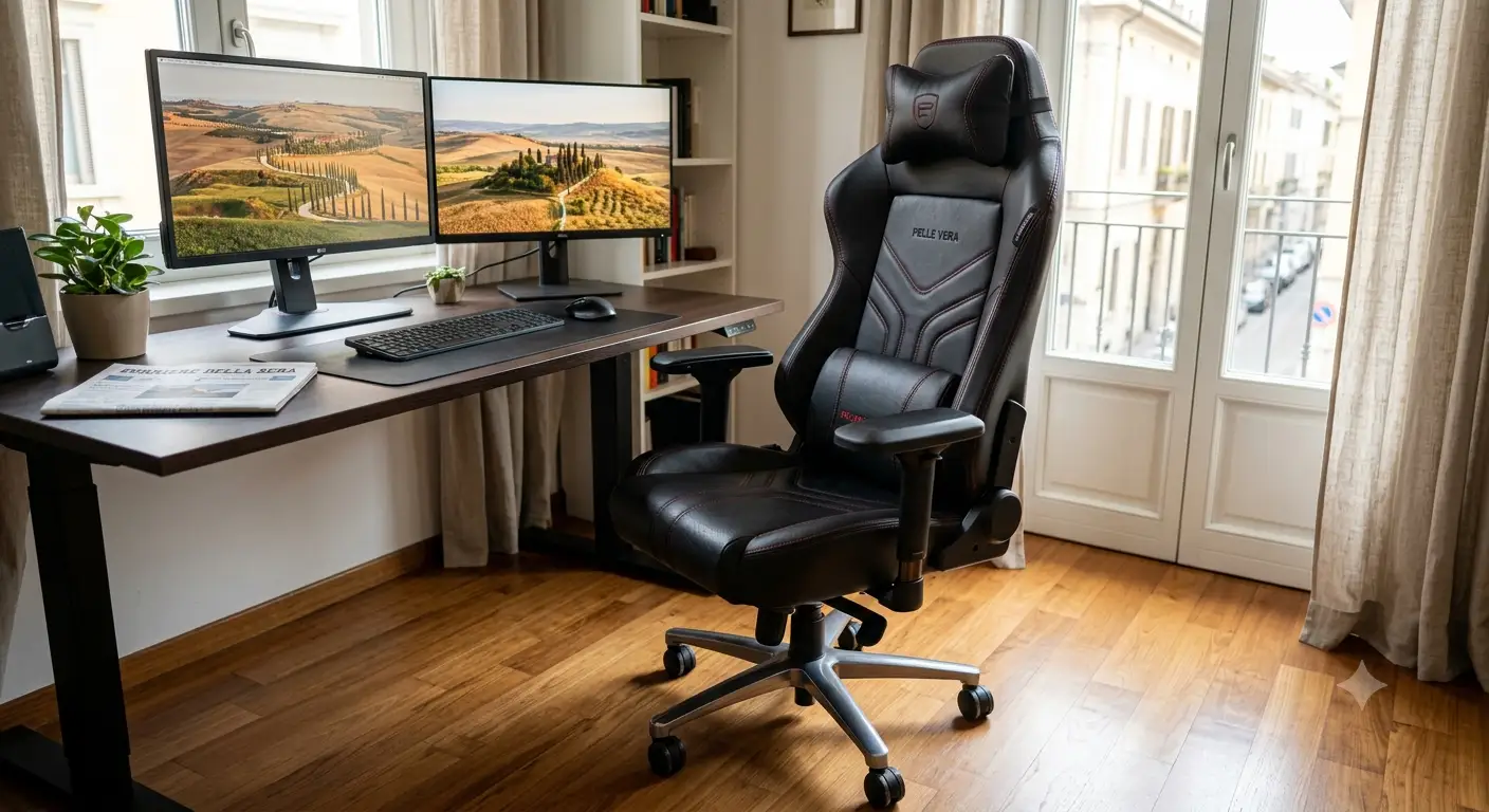Sedia gaming in pelle vera traspirante con design ergonomico e cuciture artigianali