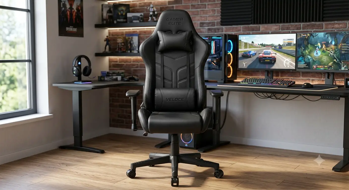 Sedia gaming in similpelle PU di colore nero ed ergonomica vista da davanti in una postazione da gioco moderna