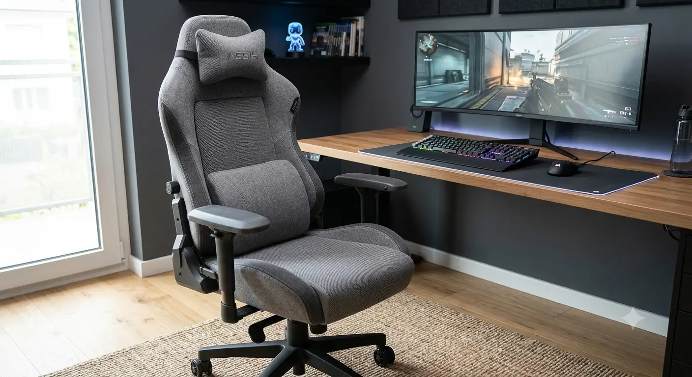 Sedia gaming in tessuto traspirante ergonomica di colore grigio con cuscino lombare